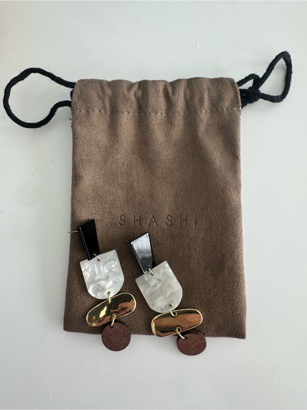 SHASHI Black, White, Gold & Brown Mixed-Material Drop Earrings